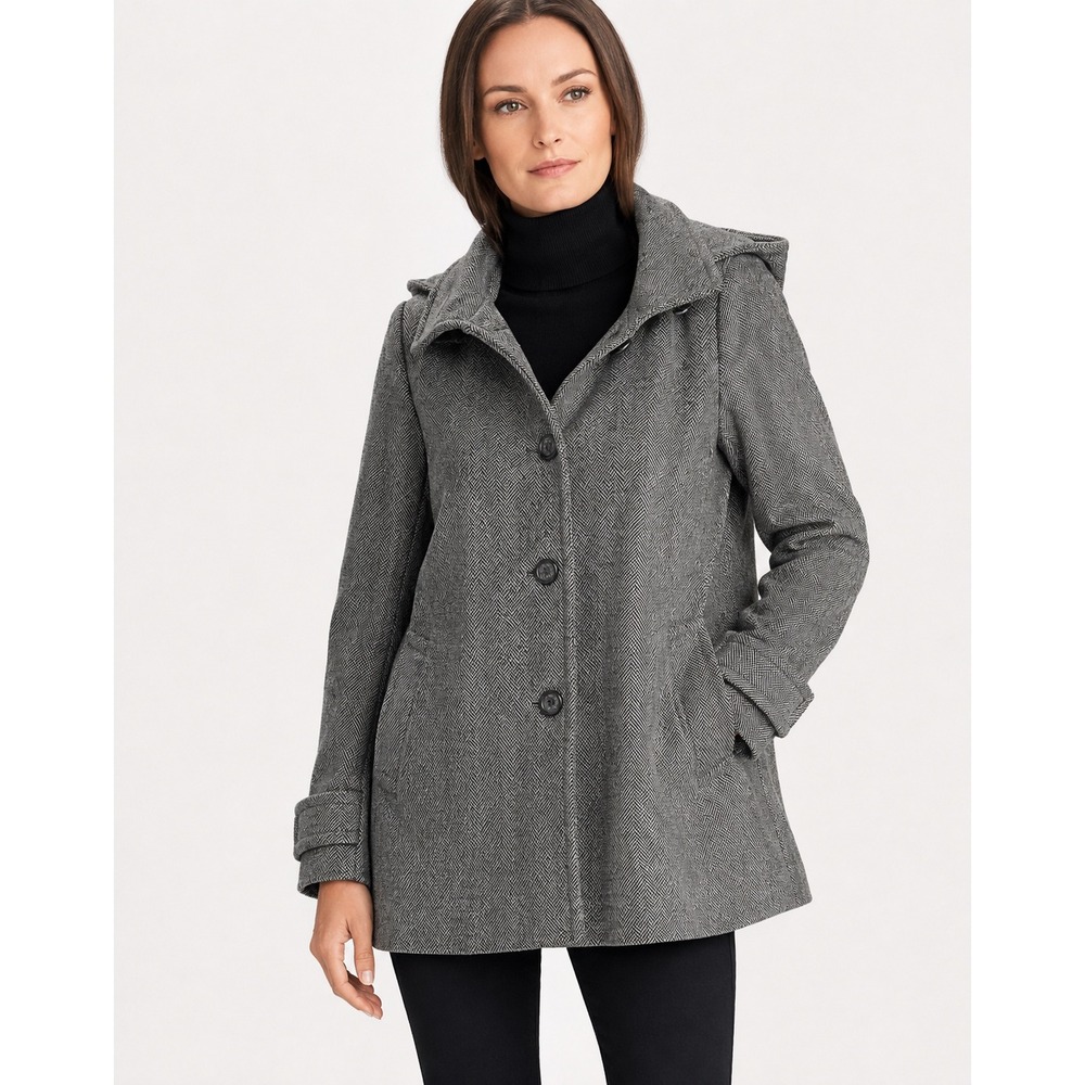 NEW Lauren Ralph Lauren Walker Hooded Herringbone Wool Blend Coat Black White